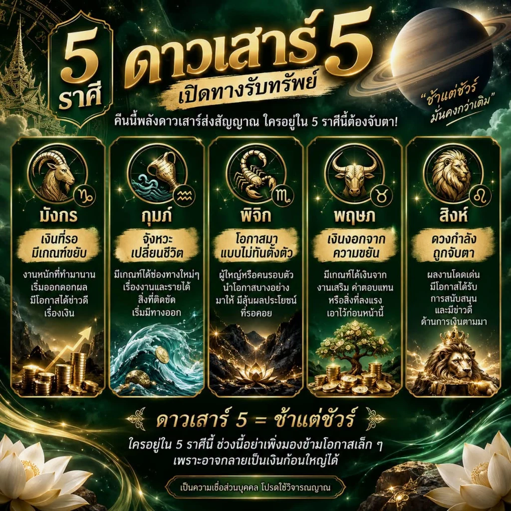 5 ราศี! ดาวเสาร์ 5 เปิดรับทรัพย์ เปลี่ยนชีวิต เงินที่รอมีเกณฑ์ขยับ